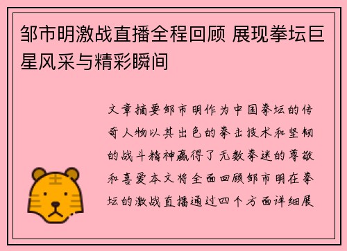 邹市明激战直播全程回顾 展现拳坛巨星风采与精彩瞬间