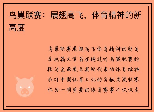 鸟巢联赛：展翅高飞，体育精神的新高度