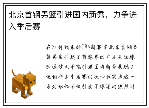 北京首钢男篮引进国内新秀，力争进入季后赛