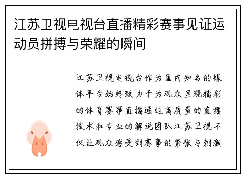江苏卫视电视台直播精彩赛事见证运动员拼搏与荣耀的瞬间