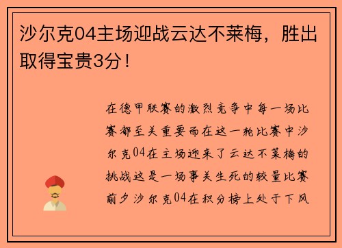 沙尔克04主场迎战云达不莱梅，胜出取得宝贵3分！